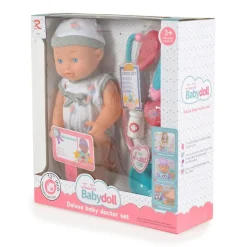 Moni Kinderpuppe 31 cm Stethoskop, Arztzubehör, Arztausweis, mit Geräuschen grau