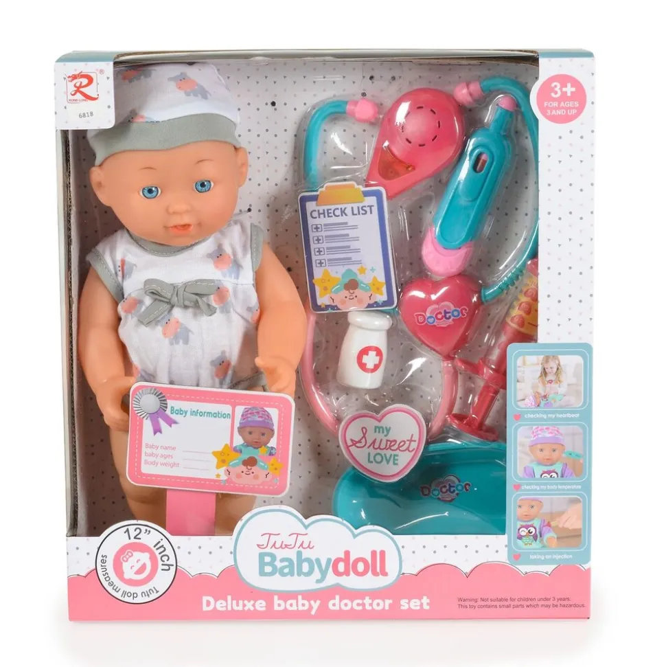 Moni Kinderpuppe 31 cm Stethoskop, Arztzubehör, Arztausweis, mit Geräuschen grau