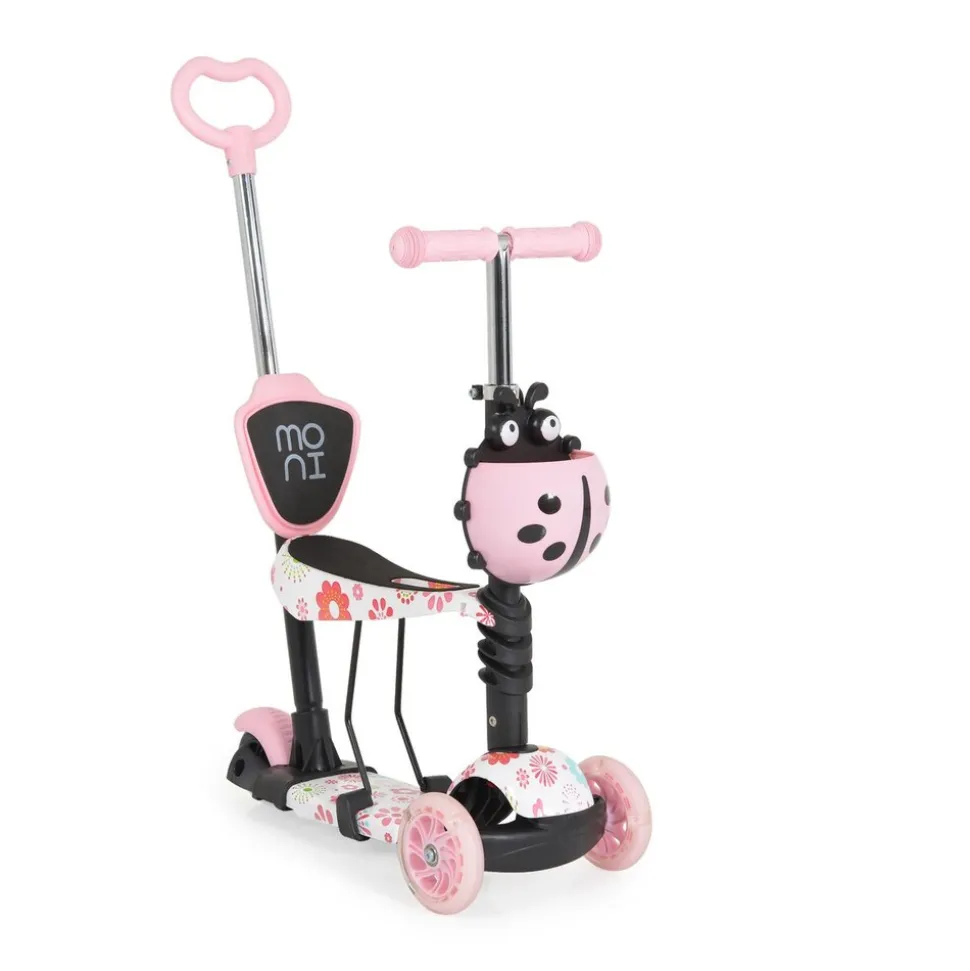 Moni Kinderroller Lollipop 3 in 1 Schiebestange, Sitz, PU-Vorderräder mit LED rosa