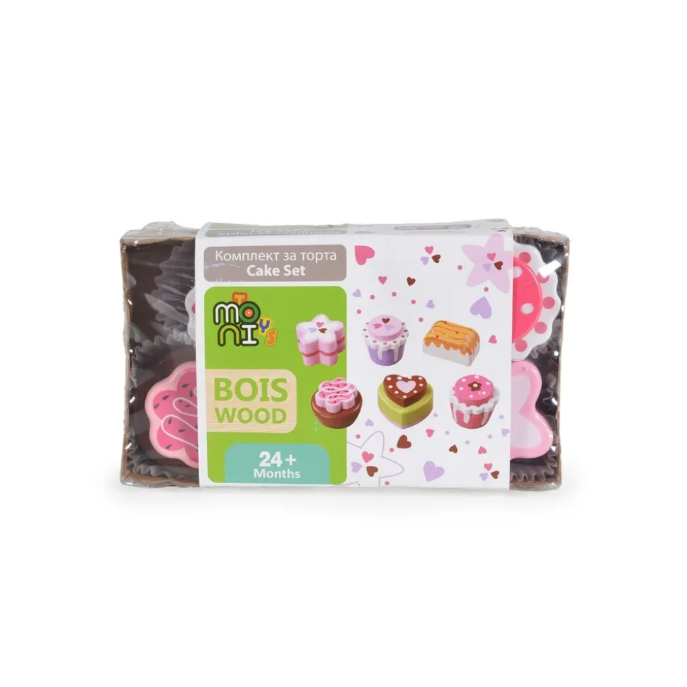 Moni Kinder Spielzeug Kuchenset Torten Holz 6-teiliges, verschiedene Formen bunt