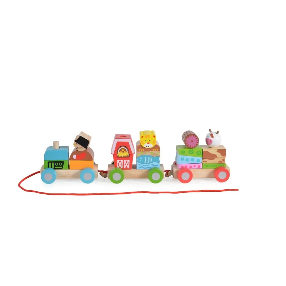 Moni Spielzeug Zug 2036, Bauernzug aus Holz, Formsortierspiel, 1 Lok, 2 Waggons bunt