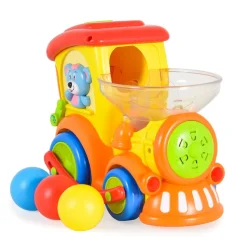 Moni Spielzeug Zug 958, Kugelbahn, 3 bunte Bälle, Musik- und Lichtfunktion gelb