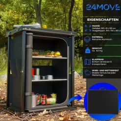 24MOVE® Campingküche BERGAMO faltbar, Aluminium Reiseküche mit Arbeitsplatte, Staufächern & stabilem Gestell für Camping