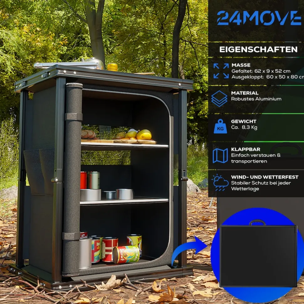 24MOVE® Campingküche BERGAMO faltbar, Aluminium Reiseküche mit Arbeitsplatte, Staufächern & stabilem Gestell für Camping
