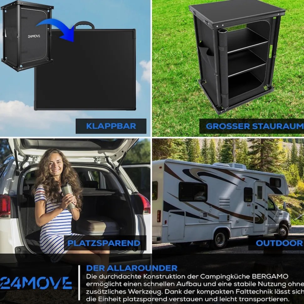 24MOVE® Campingküche BERGAMO faltbar, Aluminium Reiseküche mit Arbeitsplatte, Staufächern & stabilem Gestell für Camping