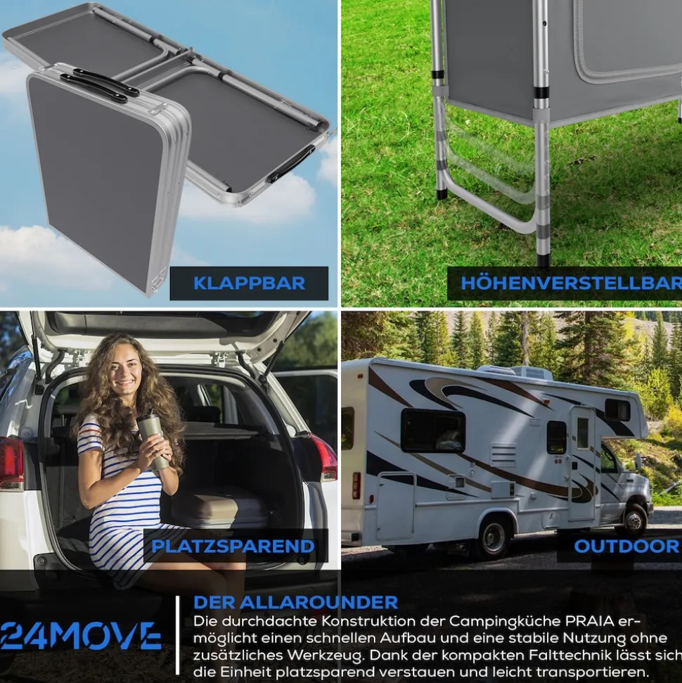 24MOVE® Campingküche PRAIA faltbar, Alu Outdoorküche mit Arbeitsplatte und Staufächern, höhenverstellbar