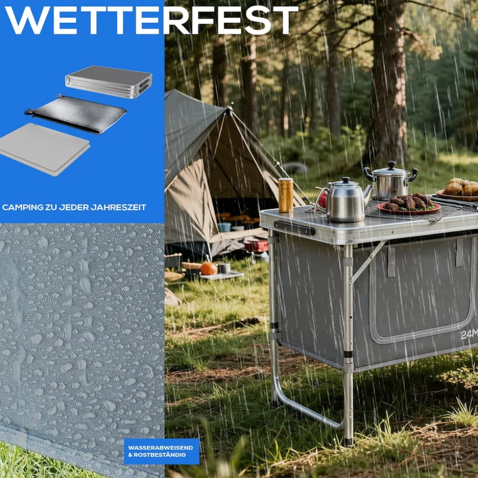 24MOVE® Campingküche PRAIA faltbar, Alu Outdoorküche mit Arbeitsplatte und Staufächern, höhenverstellbar
