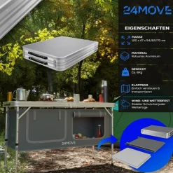 24MOVE® Campingküche PRAIA faltbar, Alu Outdoorküche mit Arbeitsplatte und Staufächern, höhenverstellbar