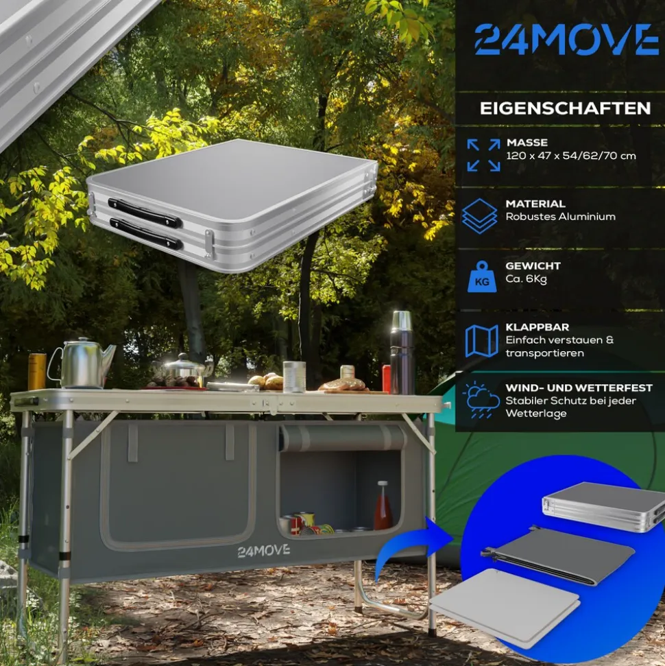 24MOVE® Campingküche PRAIA faltbar, Alu Outdoorküche mit Arbeitsplatte und Staufächern, höhenverstellbar
