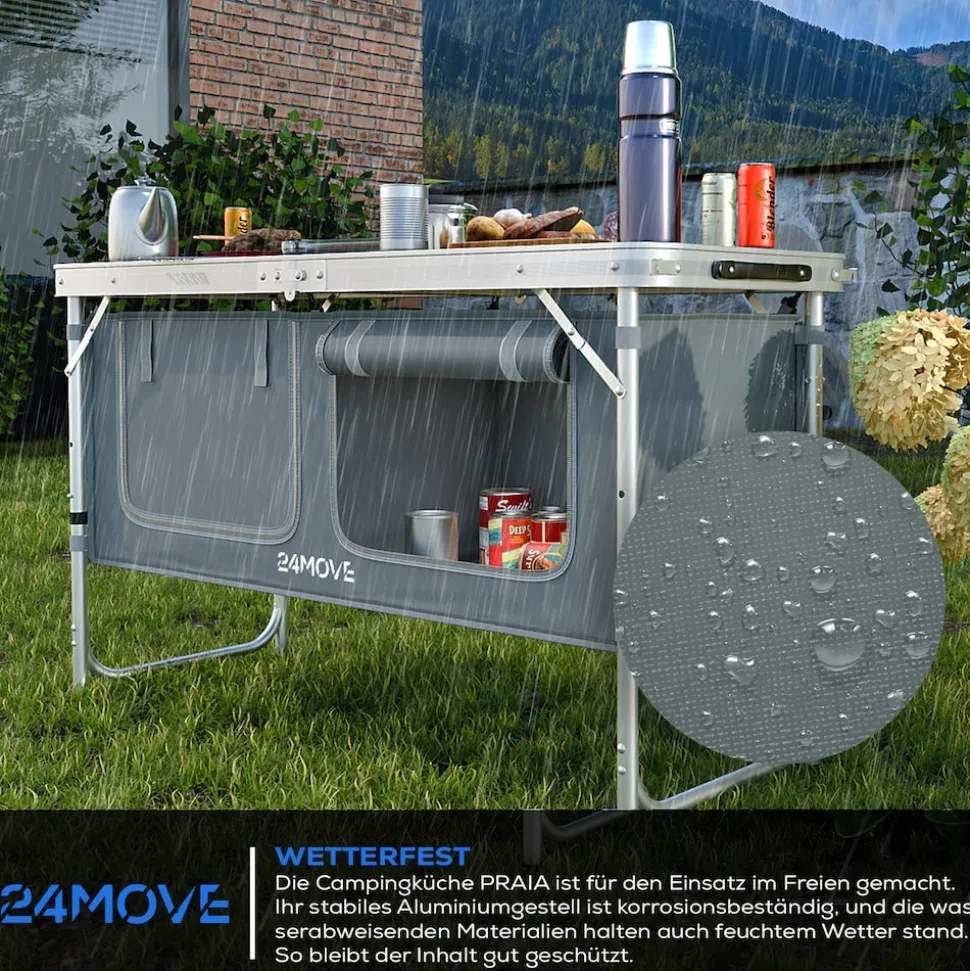 24MOVE® Campingküche PRAIA faltbar, Alu Outdoorküche mit Arbeitsplatte und Staufächern, höhenverstellbar