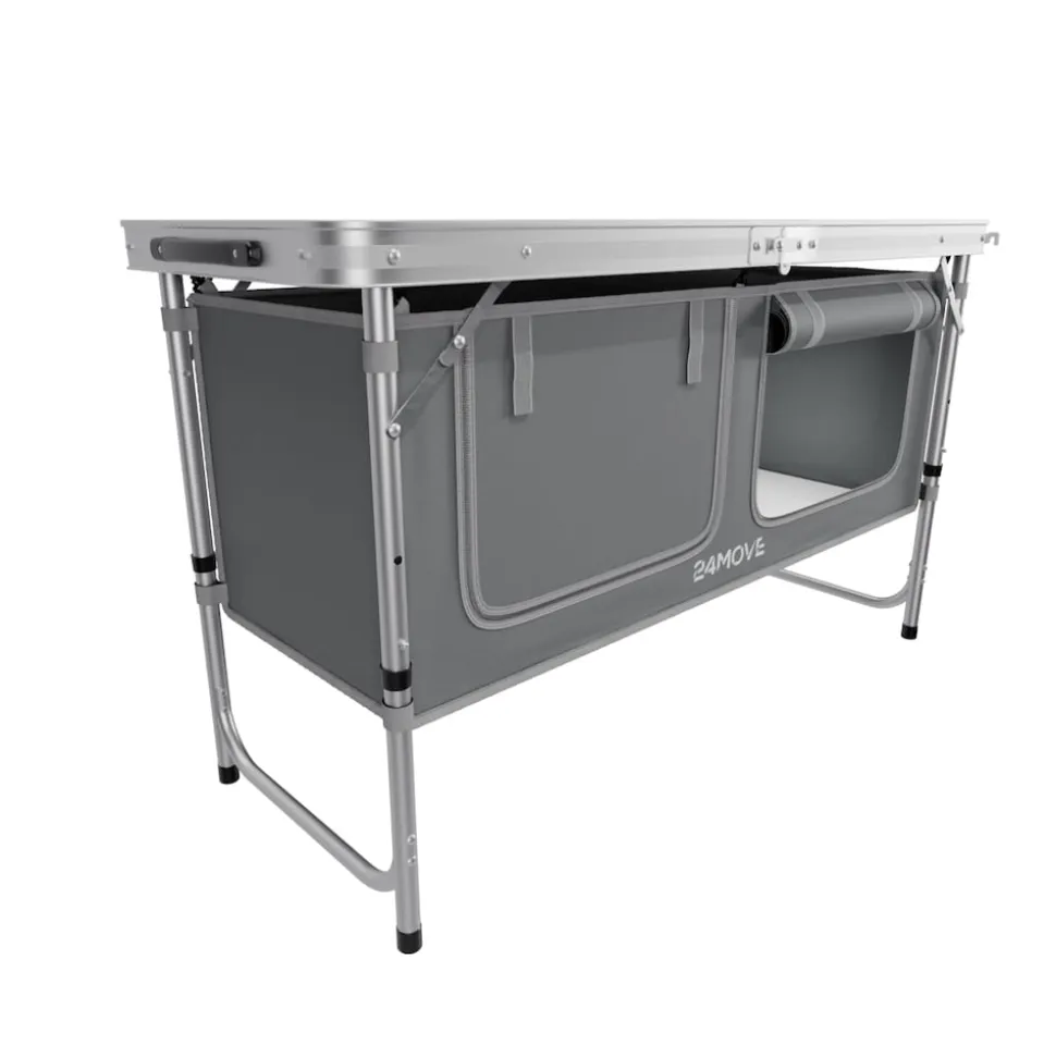 24MOVE® Campingküche PRAIA faltbar, Alu Outdoorküche mit Arbeitsplatte und Staufächern, höhenverstellbar