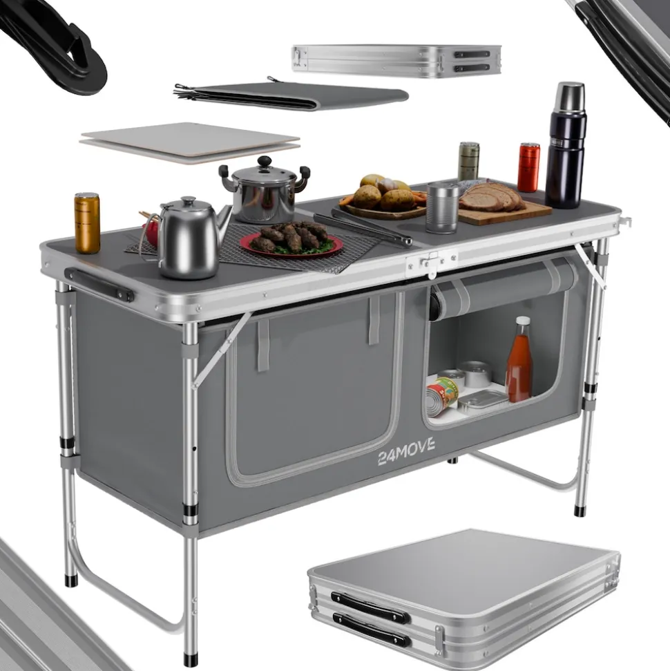 24MOVE® Campingküche PRAIA faltbar, Alu Outdoorküche mit Arbeitsplatte und Staufächern, höhenverstellbar