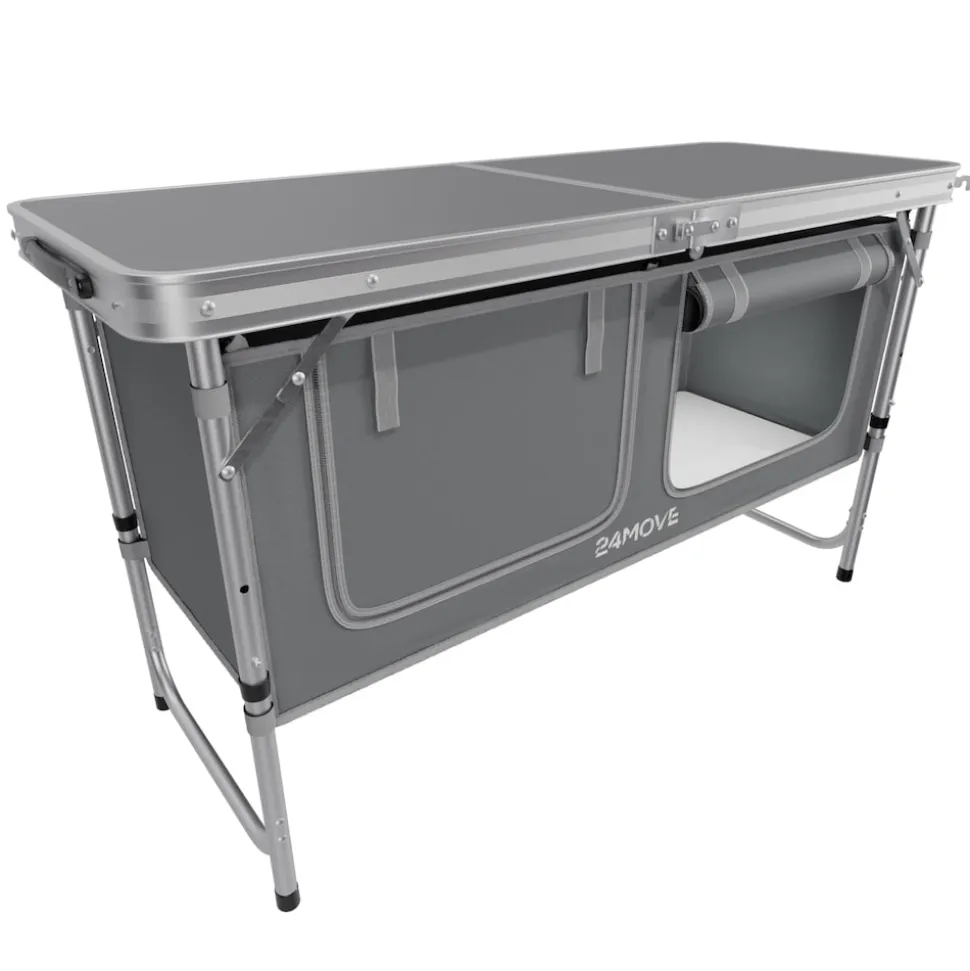 24MOVE® Campingküche PRAIA faltbar, Alu Outdoorküche mit Arbeitsplatte und Staufächern, höhenverstellbar