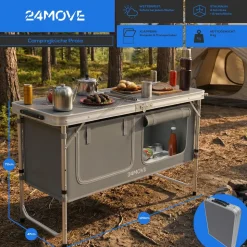 24MOVE® Campingküche PRAIA faltbar, Alu Outdoorküche mit Arbeitsplatte und Staufächern, höhenverstellbar