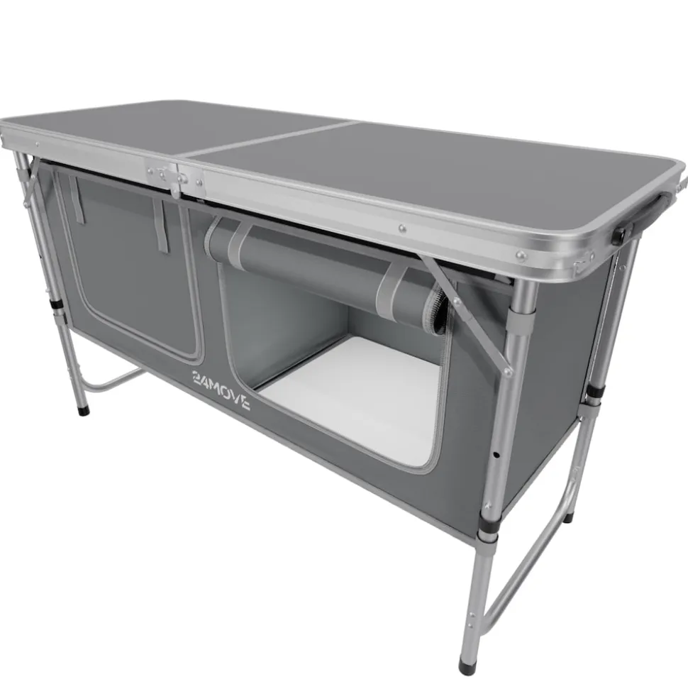 24MOVE® Campingküche PRAIA faltbar, Alu Outdoorküche mit Arbeitsplatte und Staufächern, höhenverstellbar