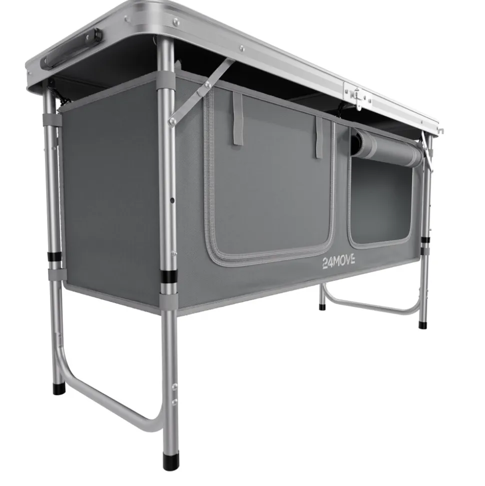 24MOVE® Campingküche PRAIA faltbar, Alu Outdoorküche mit Arbeitsplatte und Staufächern, höhenverstellbar