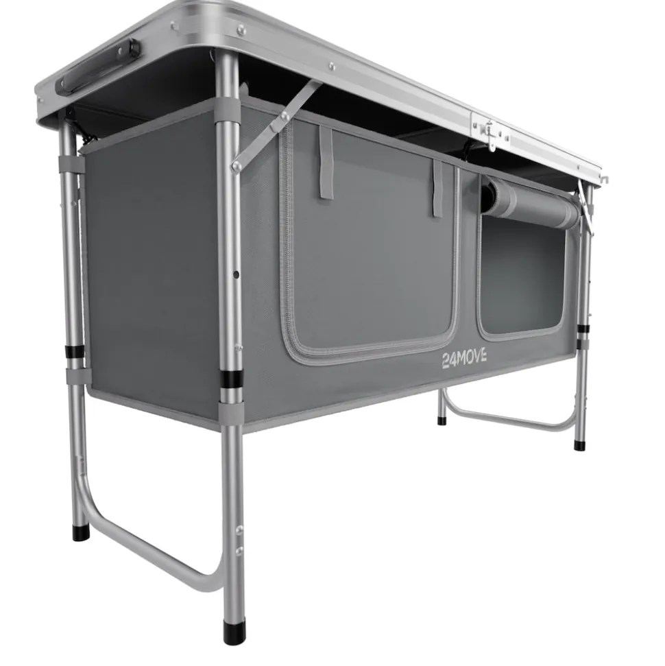 24MOVE® Campingküche PRAIA faltbar, Alu Outdoorküche mit Arbeitsplatte und Staufächern, höhenverstellbar