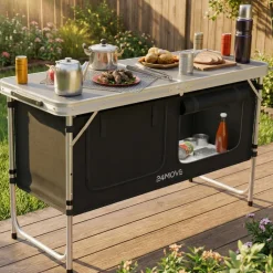 24MOVE® Campingküche PRAIA faltbar, höhenverstellbarer Campingschrank Alu Reiseküche mit Arbeitsplatte und Staufächern, Outdoor Camping, tragbar