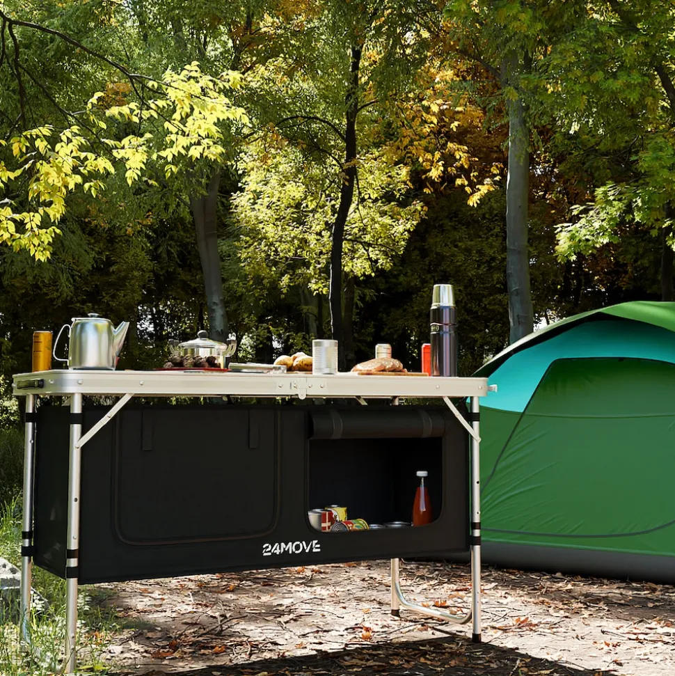 24MOVE® Campingküche PRAIA faltbar, höhenverstellbarer Campingschrank Alu Reiseküche mit Arbeitsplatte und Staufächern, Outdoor Camping, tragbar