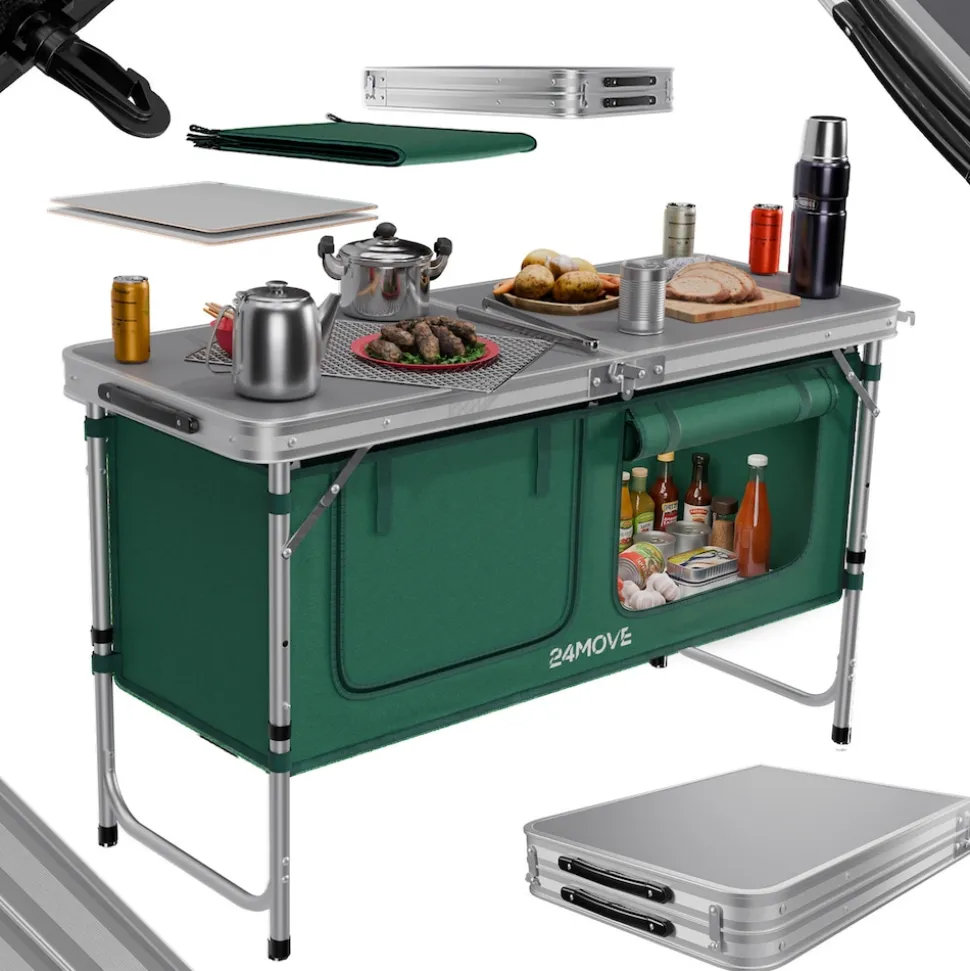 24MOVE® Campingküche PRAIA faltbar, Alu Outdoorküche mit Arbeitsplatte und Staufächern, höhenverstellbar