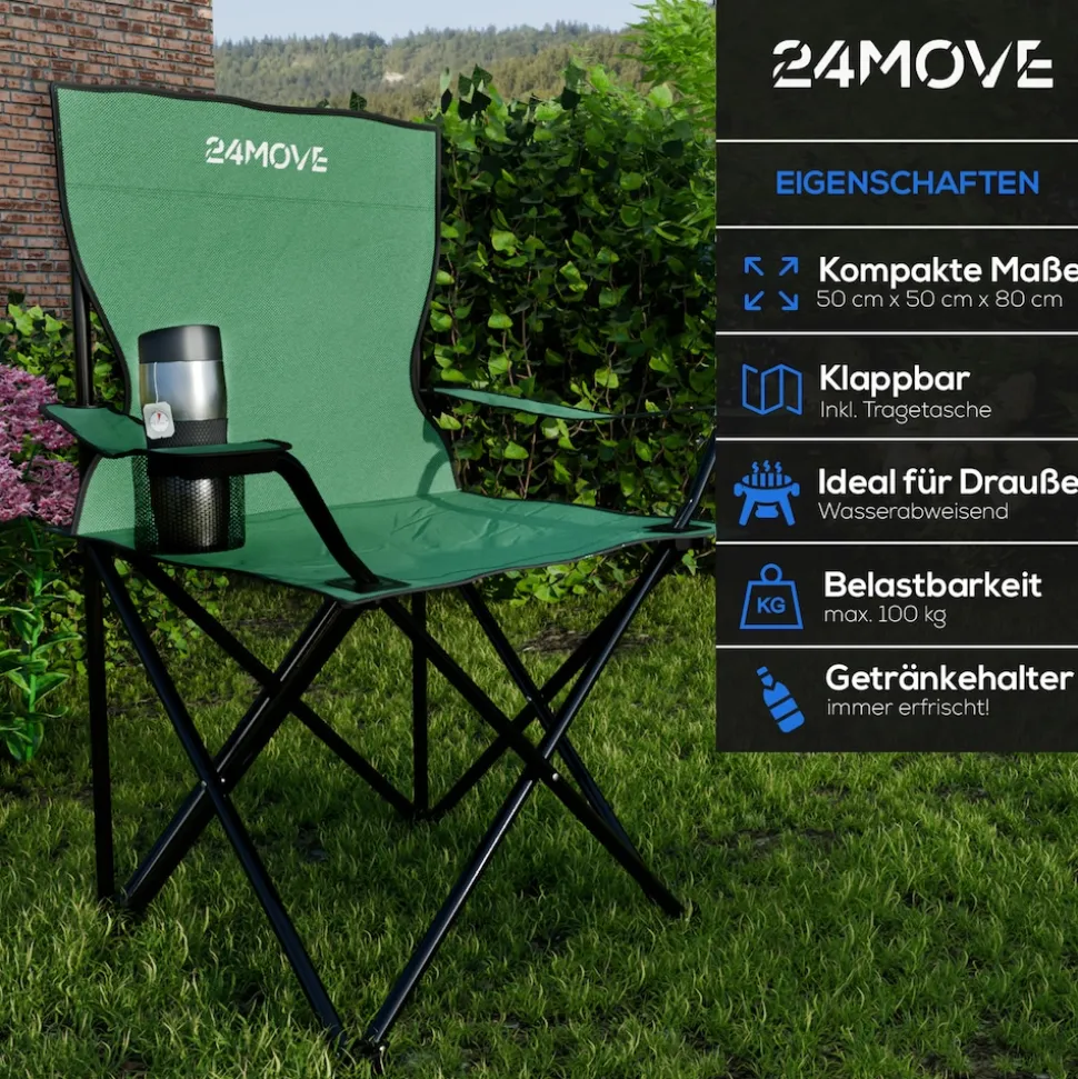 24MOVE® Campingstuhl Faltstuhl, 2er Set, grün, mit Getränkehalter und Tragetasche Outdoor, faltbar max. 100kg, Anglerstuhl, Polyester