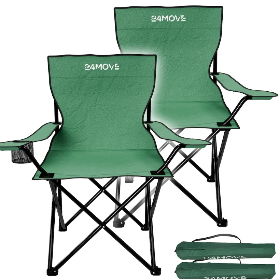 24MOVE® Campingstuhl Faltstuhl, 2er Set, grün, mit Getränkehalter und Tragetasche Outdoor, faltbar max. 100kg, Anglerstuhl, Polyester