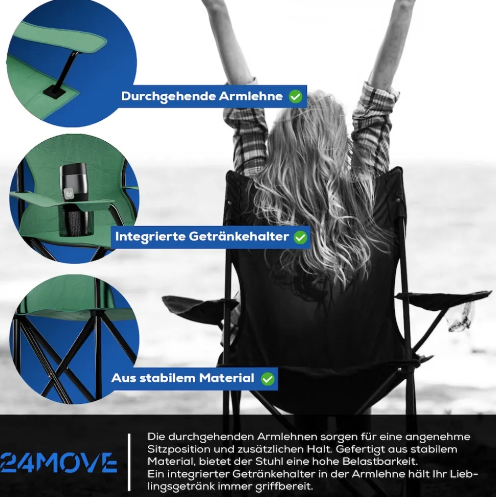 24MOVE® Campingstuhl Faltstuhl, 2er Set, grün, mit Getränkehalter und Tragetasche Outdoor, faltbar max. 100kg, Anglerstuhl, Polyester