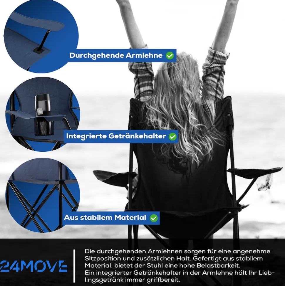 24MOVE® Campingstuhl Faltstuhl 2er Set, blau, mit Getränkehalter und Tragetasche Outdoor, faltbar max. 100kg, Angerstuhl, Klappstuhl