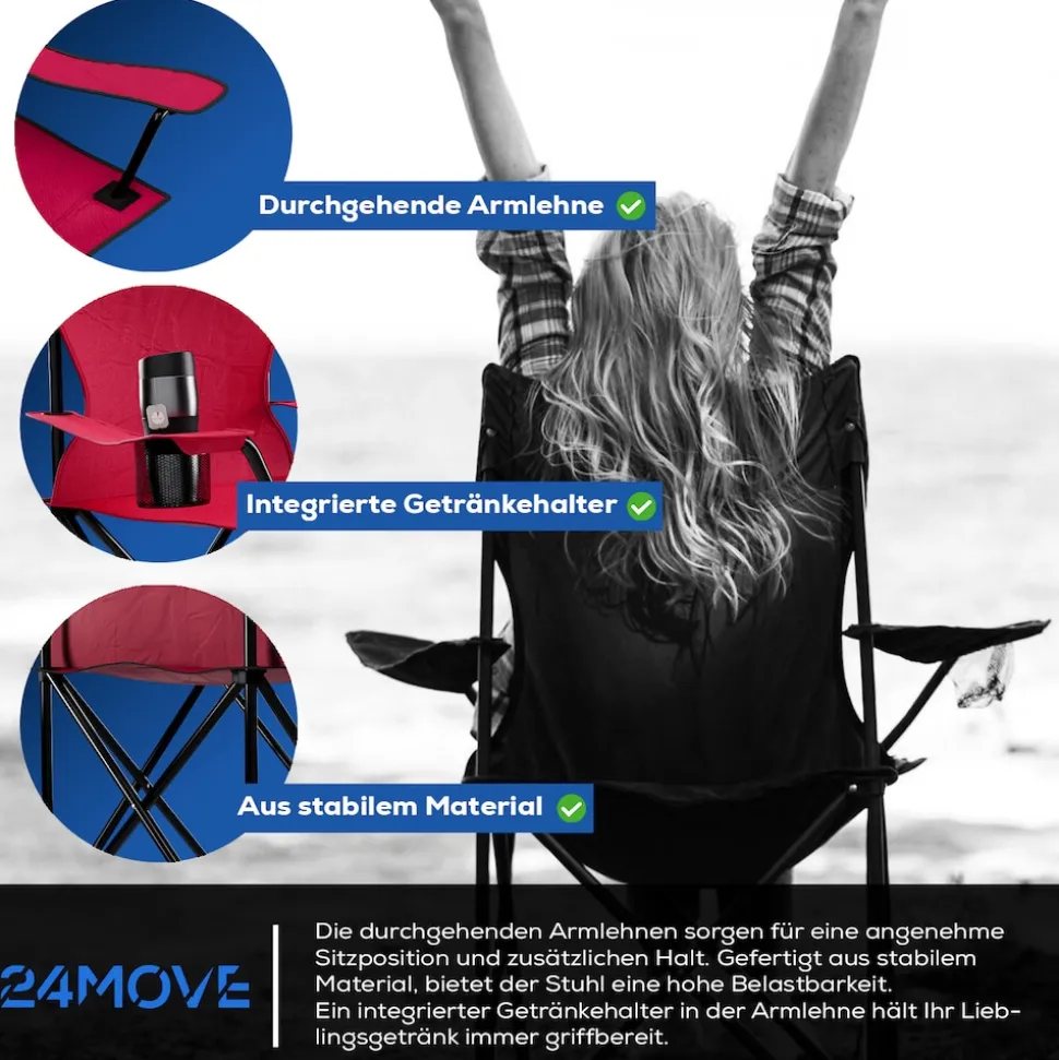 24MOVE® Campingstuhl Faltstuhl, schwarz, mit Getränkehalter und Tragetasche Outdoor, faltbar max. 100kg, Angerstuhl, Klappstuhl