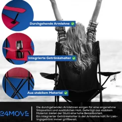 24MOVE® Campingstuhl Faltstuhl, schwarz, mit Getränkehalter und Tragetasche Outdoor, faltbar max. 100kg, Angerstuhl, Klappstuhl