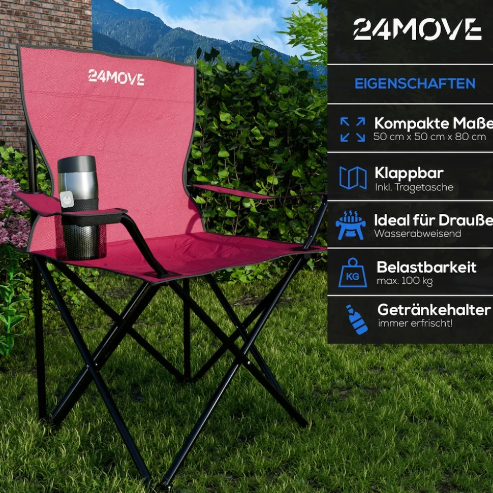 24MOVE® Campingstuhl Faltstuhl, schwarz, mit Getränkehalter und Tragetasche Outdoor, faltbar max. 100kg, Angerstuhl, Klappstuhl