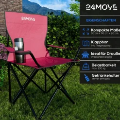 24MOVE® Campingstuhl Faltstuhl, 2er Set, schwarz, mit Getränkehalter und Tragetasche Outdoor, faltbar max. 100kg, Angerstuhl, Klappstuhl