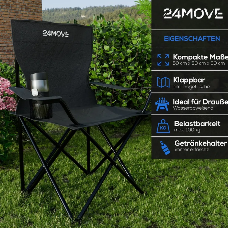 24MOVE® Campingstuhl Faltstuhl, schwarz, mit Getränkehalter und Tragetasche Outdoor, faltbar max. 100kg, Angerstuhl, Klappstuhl