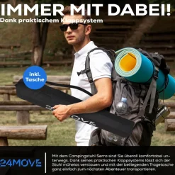 24MOVE® Campingstuhl Faltstuhl, schwarz, mit Getränkehalter und Tragetasche Outdoor, faltbar max. 100kg, Angerstuhl, Klappstuhl