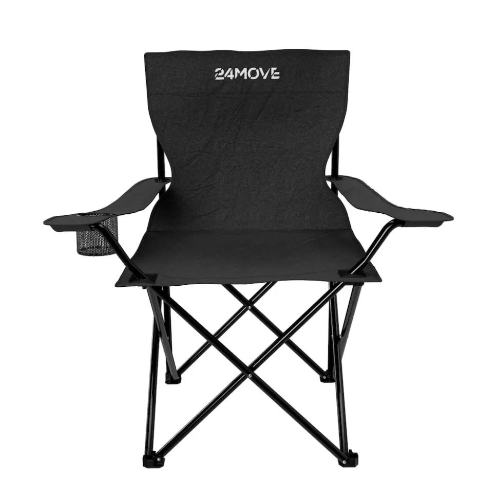 24MOVE® Campingstuhl Faltstuhl, schwarz, mit Getränkehalter und Tragetasche Outdoor, faltbar max. 100kg, Angerstuhl, Klappstuhl