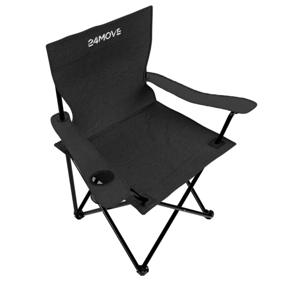 24MOVE® Campingstuhl Faltstuhl, schwarz, mit Getränkehalter und Tragetasche Outdoor, faltbar max. 100kg, Angerstuhl, Klappstuhl