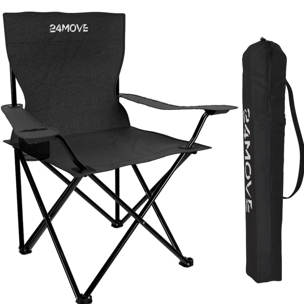 24MOVE® Campingstuhl Faltstuhl, schwarz, mit Getränkehalter und Tragetasche Outdoor, faltbar max. 100kg, Angerstuhl, Klappstuhl