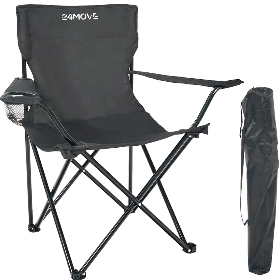 24MOVE® Campingstuhl Faltstuhl, schwarz, mit Getränkehalter und Tragetasche Outdoor, faltbar max. 100kg, Angerstuhl, Klappstuhl