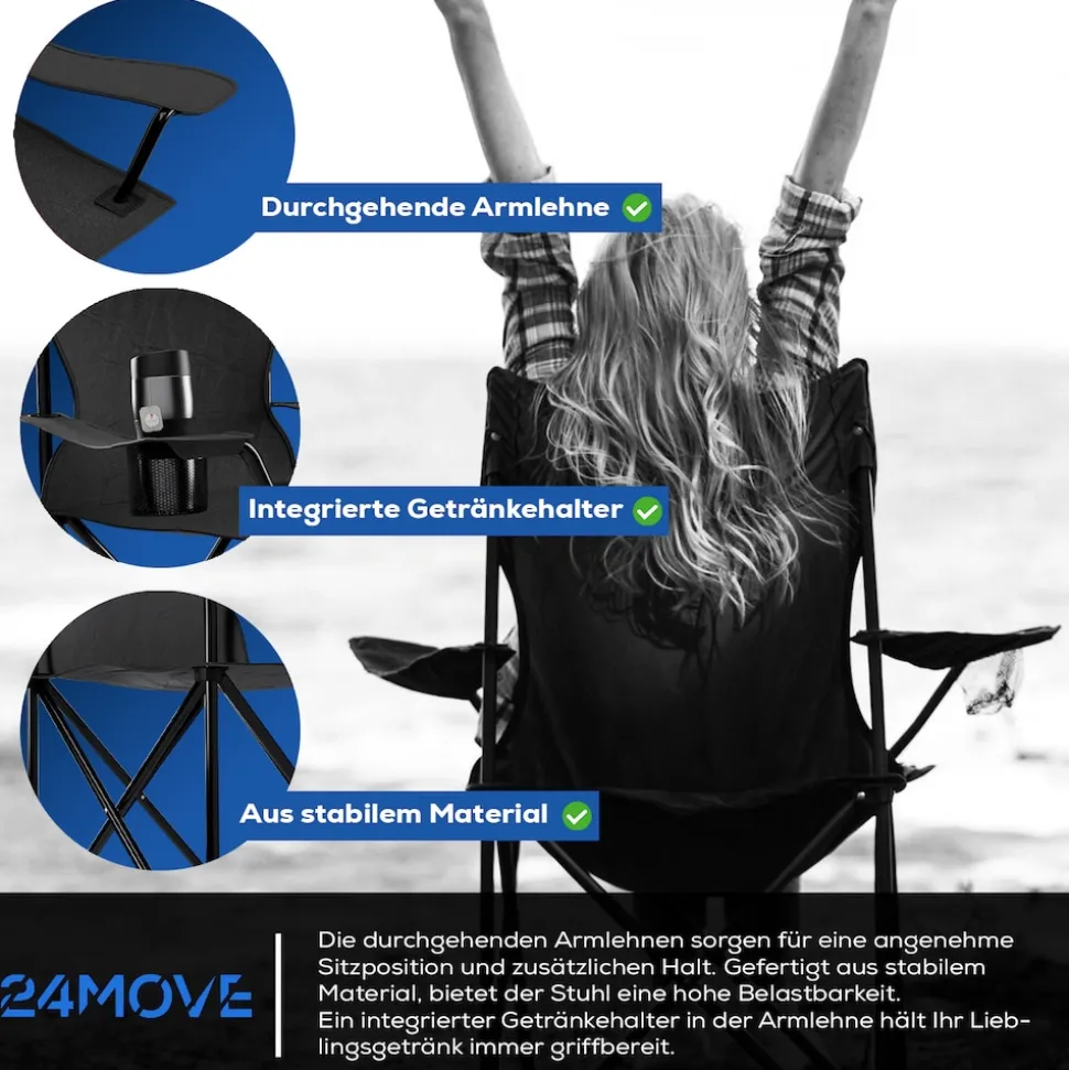 24MOVE® Campingstuhl Faltstuhl, schwarz, mit Getränkehalter und Tragetasche Outdoor, faltbar max. 100kg, Angerstuhl, Klappstuhl