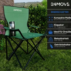 24MOVE® Campingstuhl Faltstuhl, grün, mit Getränkehalter und Tragetasche Outdoor, faltbar max. 100kg, Anglerstuhl, Polyester