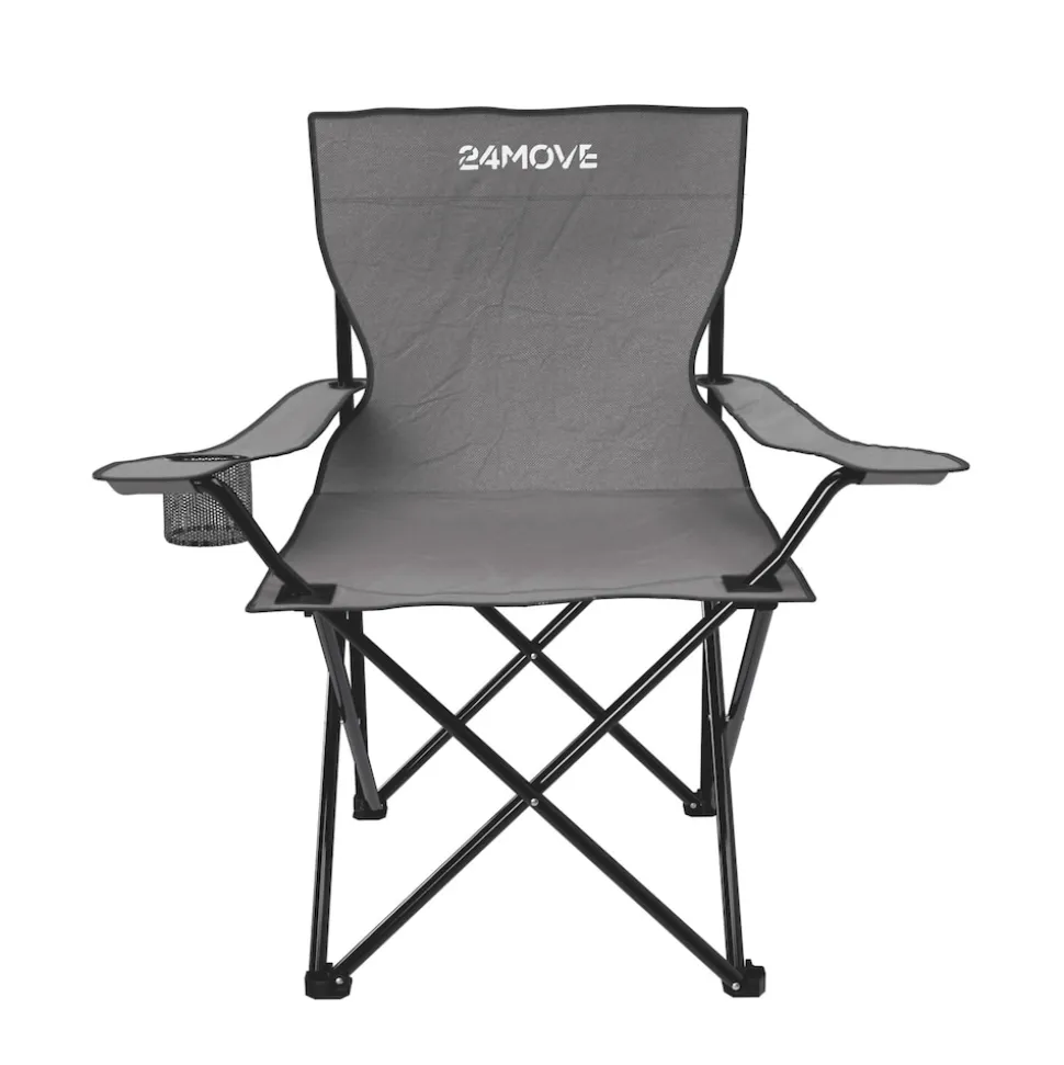 24MOVE® Campingstuhl Faltstuhl, grau, mit Getränkehalter und Tragetasche Outdoor, faltbar max. 100kg, Angerstuhl, Klappstuhl