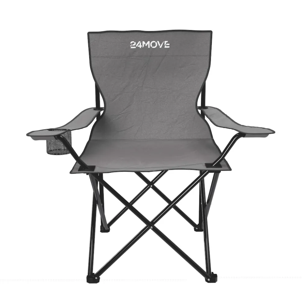 24MOVE® Campingstuhl Faltstuhl, grau, mit Getränkehalter und Tragetasche Outdoor, faltbar max. 100kg, Angerstuhl, Klappstuhl