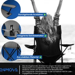 24MOVE® Campingstuhl Faltstuhl, grau, mit Getränkehalter und Tragetasche Outdoor, faltbar max. 100kg, Angerstuhl, Klappstuhl