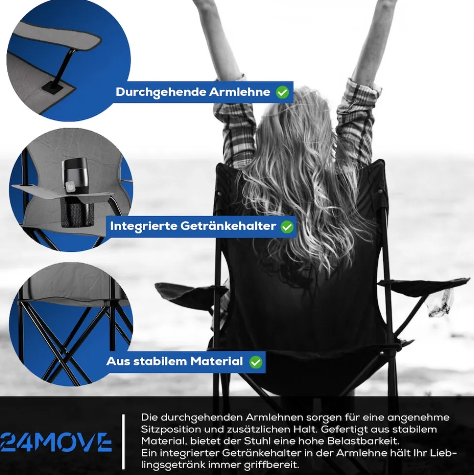 24MOVE® Campingstuhl Faltstuhl, grau, mit Getränkehalter und Tragetasche Outdoor, faltbar max. 100kg, Angerstuhl, Klappstuhl