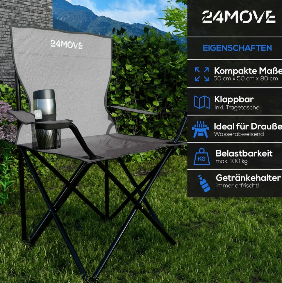 24MOVE® Campingstuhl Faltstuhl, grau, mit Getränkehalter und Tragetasche Outdoor, faltbar max. 100kg, Angerstuhl, Klappstuhl