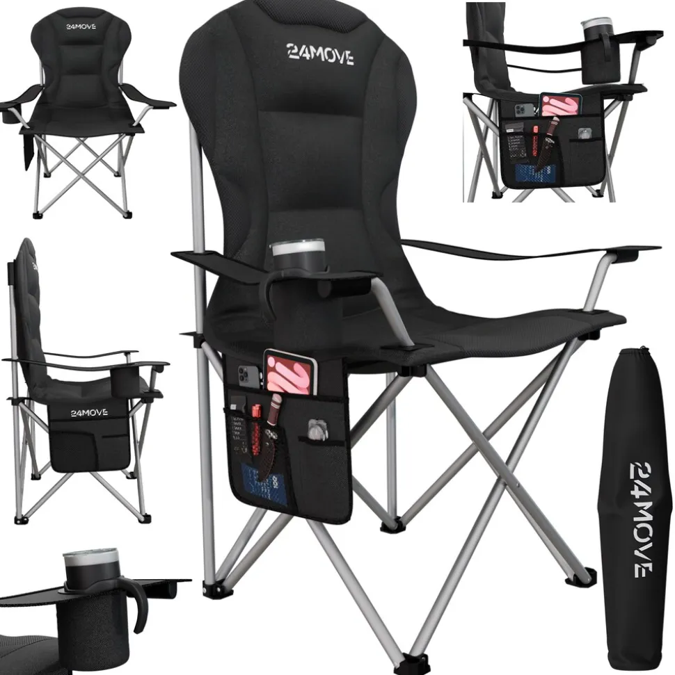 24MOVE® Campingstuhl Salvador faltbar Camping Klappstuhl gepolstert inkl. Tragetasche, bis 150kg belastbar, schwarz