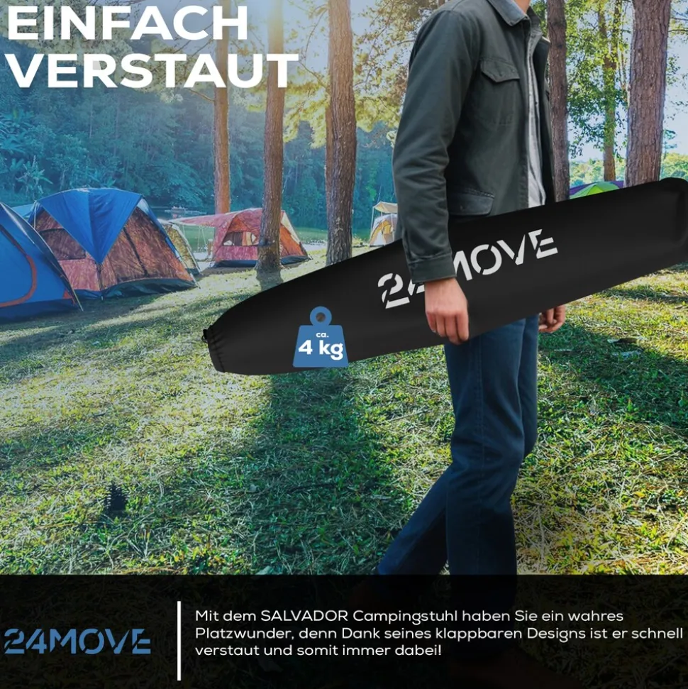 24MOVE® Campingstuhl Salvador faltbar Camping Klappstuhl gepolstert inkl. Tragetasche, bis 150kg belastbar, schwarz