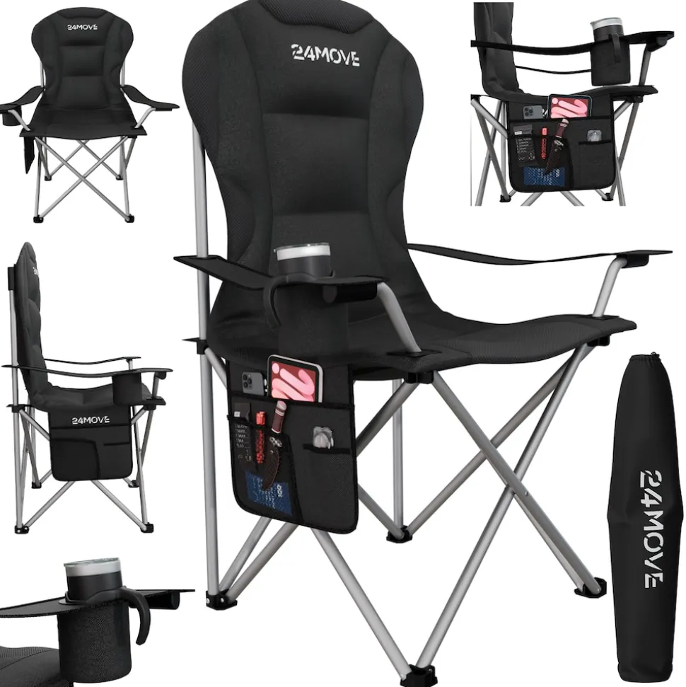 24MOVE® Campingstuhl Salvador faltbar Camping Klappstuhl gepolstert inkl. Tragetasche, bis 150kg belastbar, schwarz