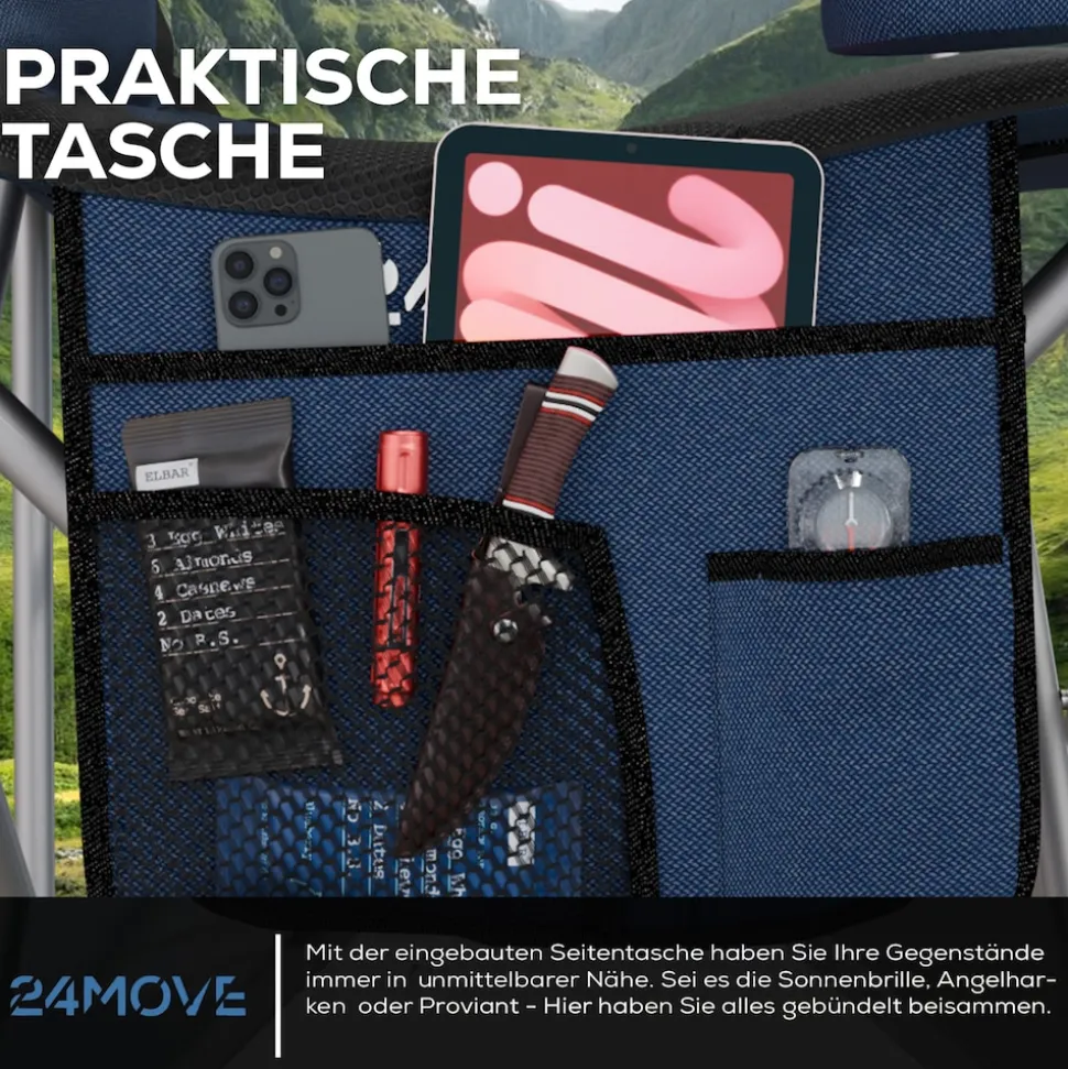 24MOVE® Campingstuhl Salvador faltbar Camping Klappstuhl gepolstert inkl. Tragetasche, bis 150kg belastbar, blau