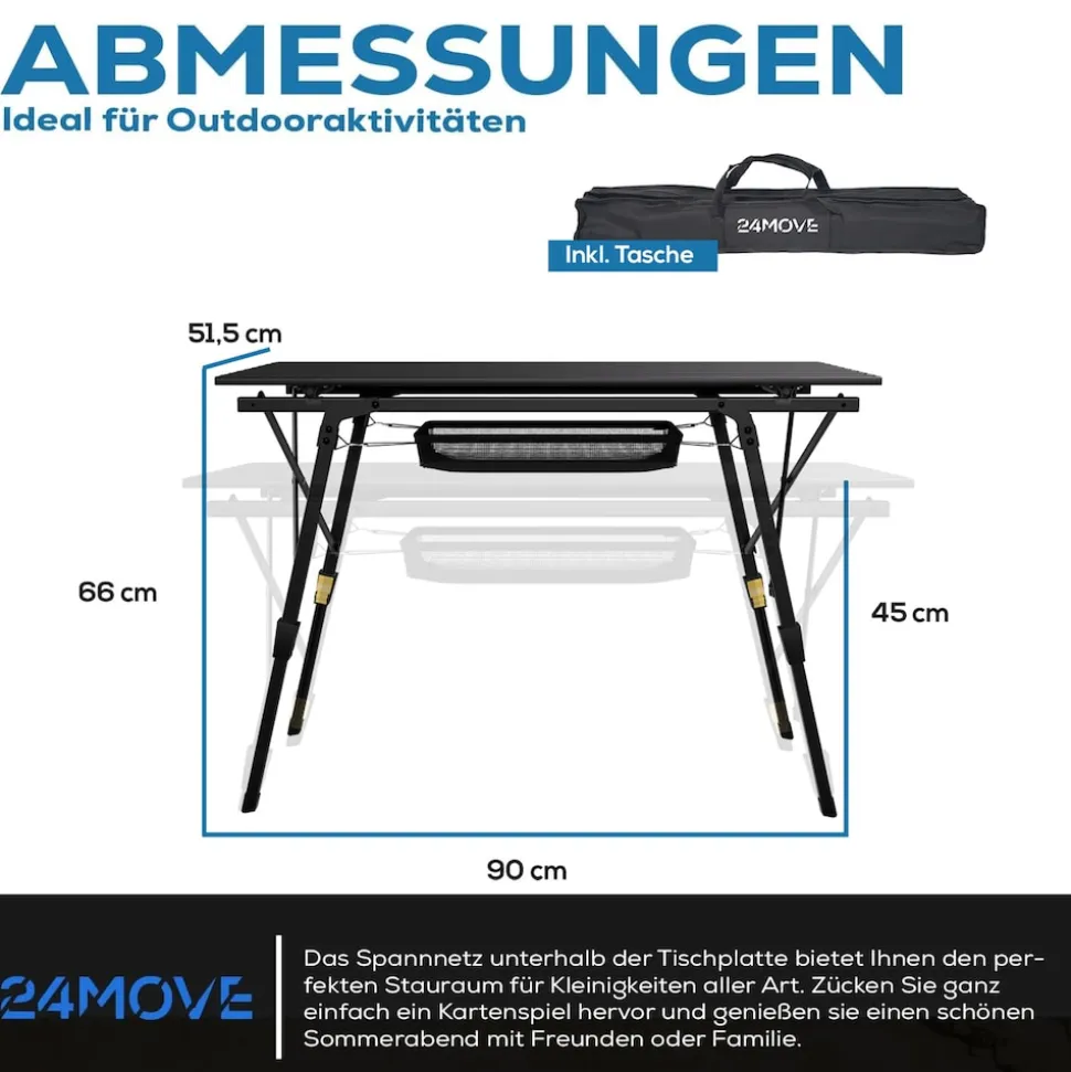 24MOVE® Campingtisch Klapptisch mit Aluminiumrahmen, Tischplatte aufrollbar, Falttisch klappbar, höhenverstellbar, inkl. Tragetasche - bis 30 kg, Anthrazitgrau
